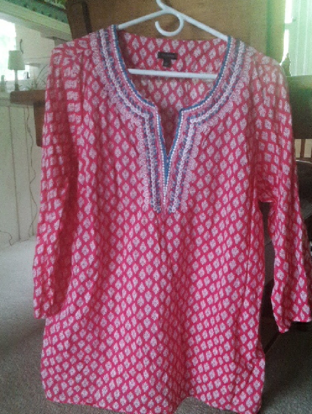 Talbots Coral Pink Printed Tunic with Embroidered Trim